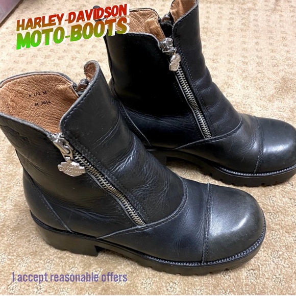 Harley Davidson biker boots black leather double zip chunky size 6.5 like new! - Picture 2 of 16